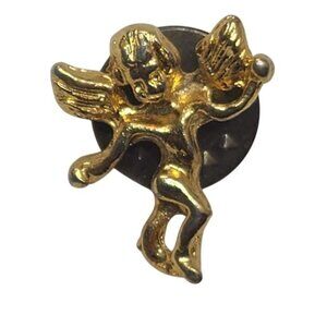 Gold Tone Angel Cherub Lapel Pin Vintage Style Brooch Holding Orb Arm Back